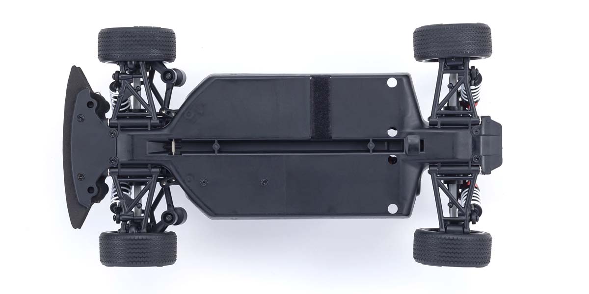 Kyosho official underside view of the FZ02 platform: suspension layout and low touring-car chassis.