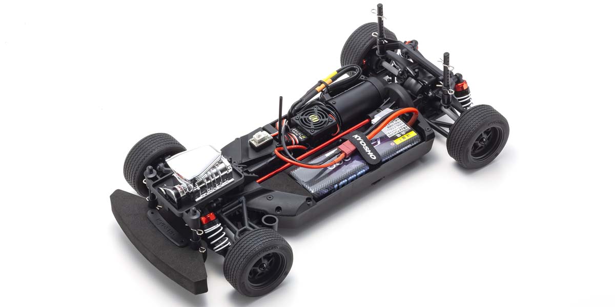 Kyosho official ChargerVE body-off view: the brushless installation and long FZ02L platform.