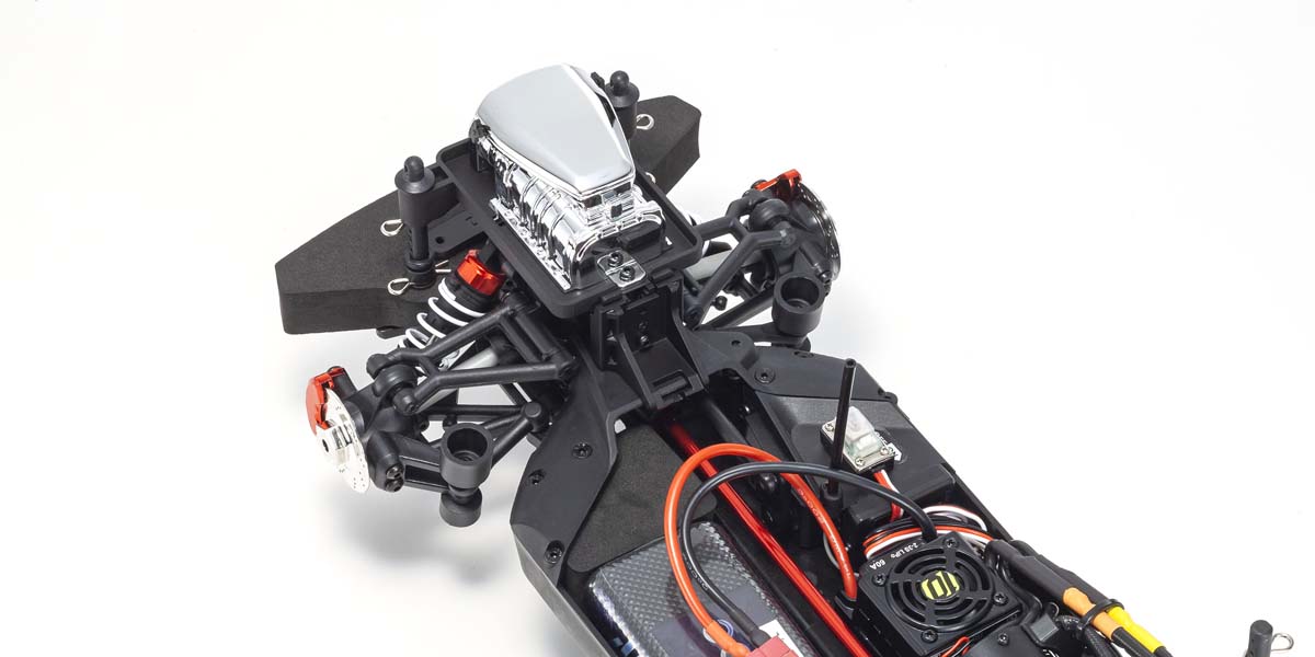 Kyosho official VE power-system detail: TORX10E motor, controller installation and gearing area.