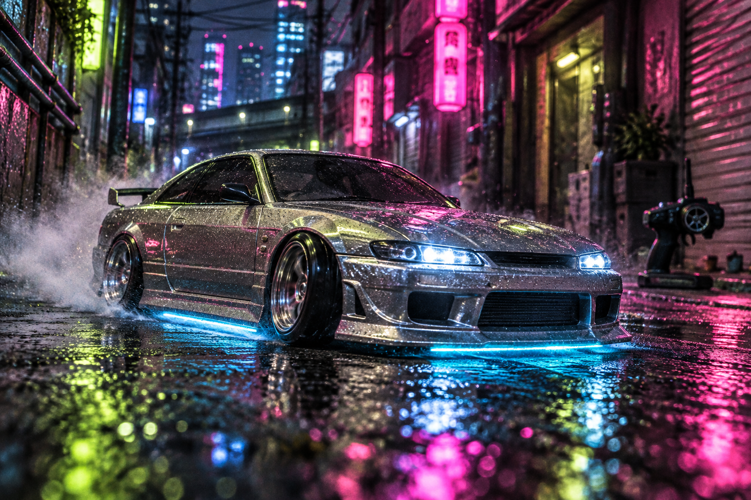 Original Tokyo-night illustration of a miniature drift coupe