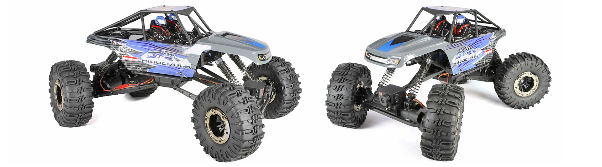 Official Redcat photographs showing both sides of the blue and gray Ridgerock and its axle-mounted equipment