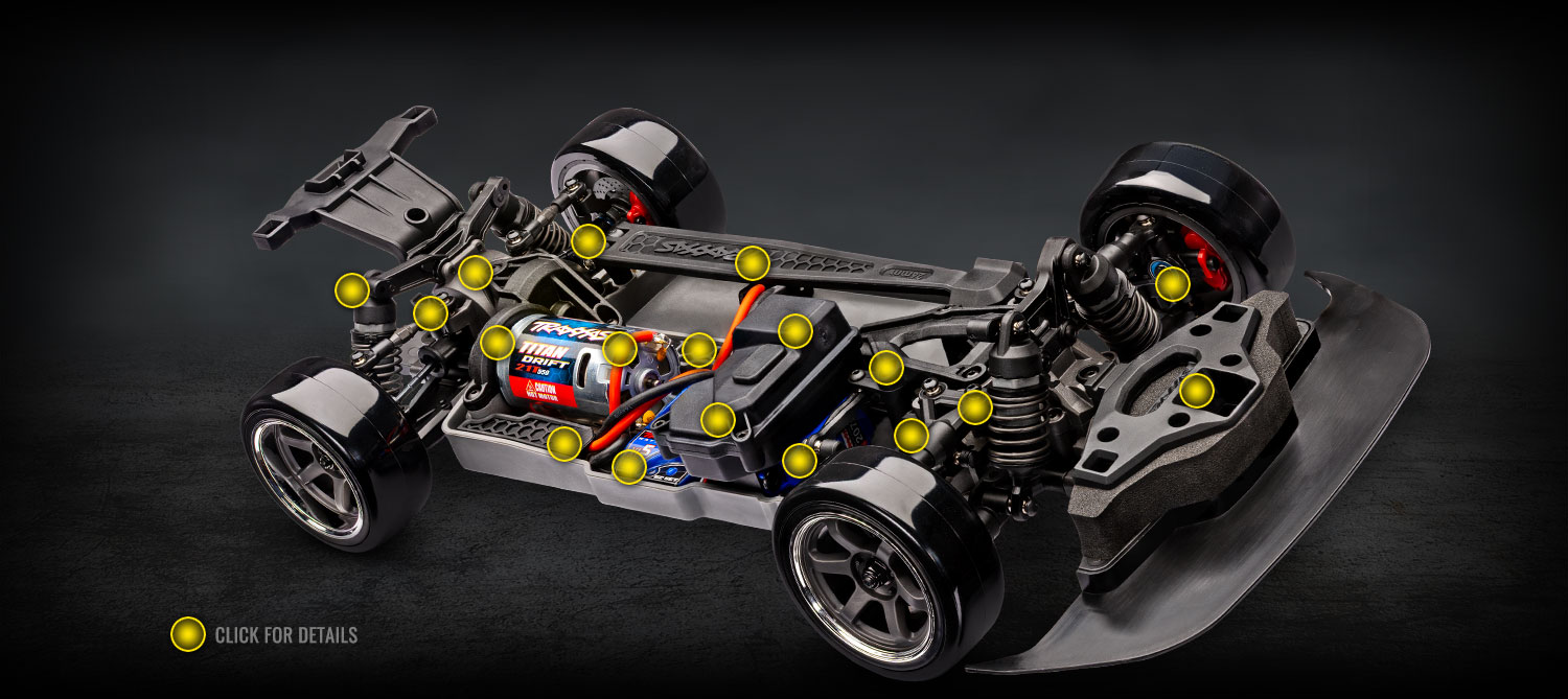 Traxxas annotated overview of the Nissan 240SX RWD chassis, with the motor, battery tray, shocks and steering visible